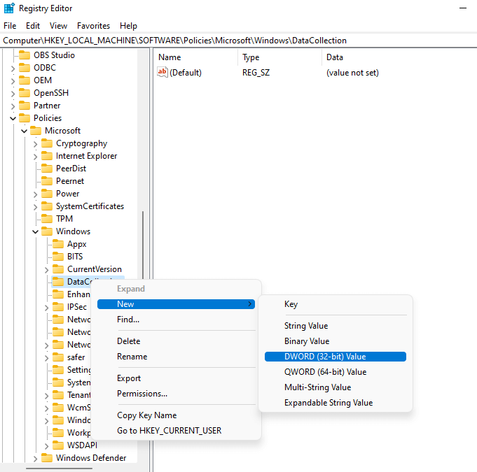 DataCollection folder, click on New, and then on DWORD (32-bit value)