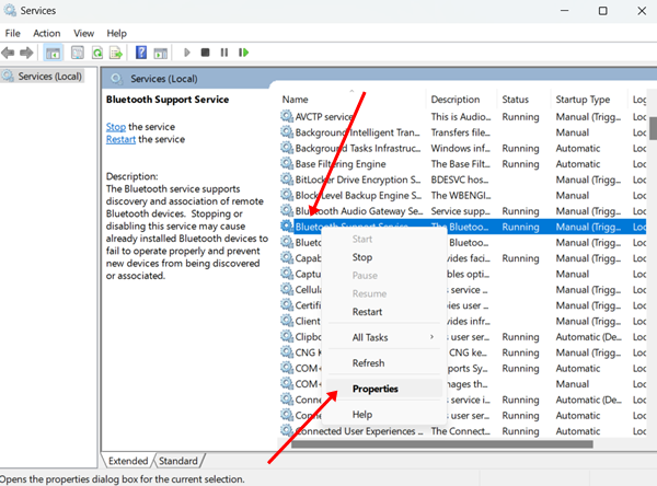 Services tool shows up, find Bluetooth support service,