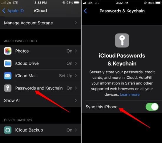 enable passwords and keychain on iPhone