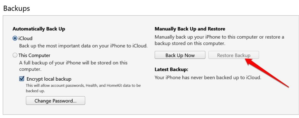 restore iTunes backup to fix contacts disappeared iPhone