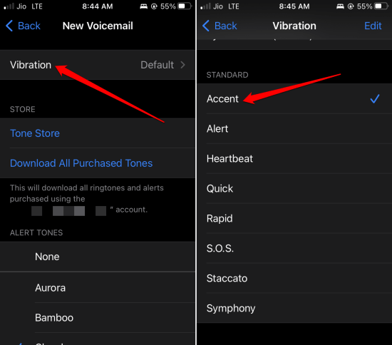 set vibration for iPhone voicemail