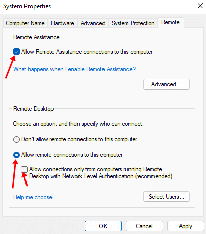 Allow remote connections to this computer