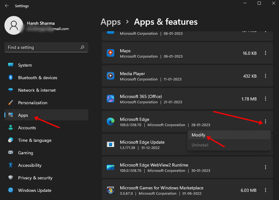 Microsoft Edge, and then click on Modify