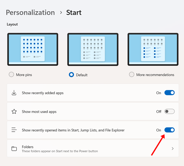 Show recently opened items in Start, jump lists, and File Explorer