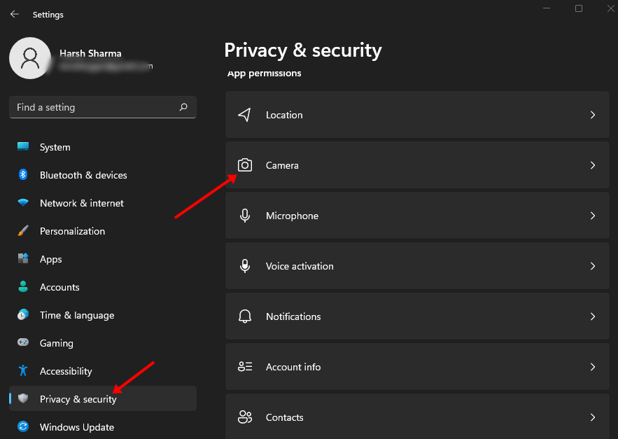 Privacy & Security tab, click on the Camera
