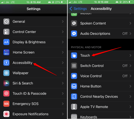 iOS accessibility and touch settings