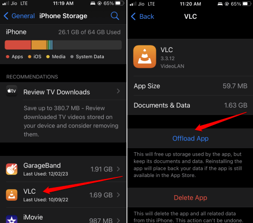 offload or delete app to clear storage space on iPhone.