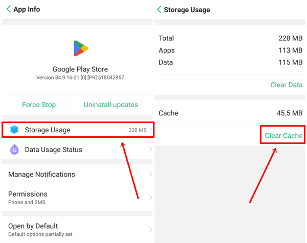 Click on Storage Usage and Clear Cache