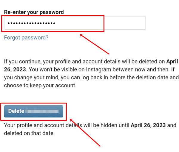 Enter your Instagram password and click on Delete Button
