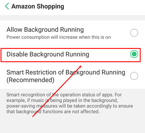 Select Disable Background running option