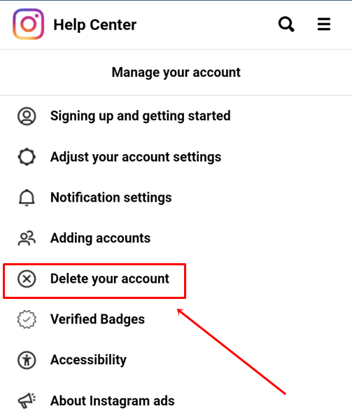 Select the Delete Your Account option