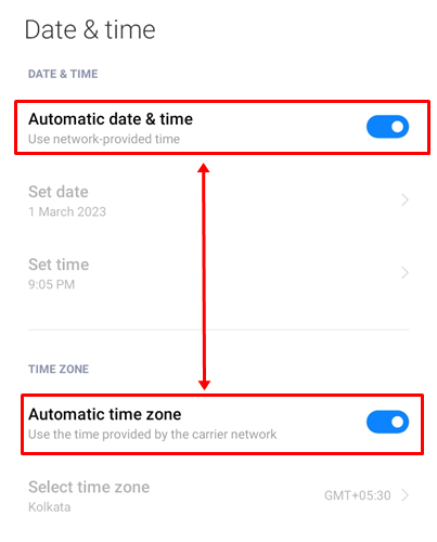 Switch on the toggle button for Automatic Date & Time and Automatic Time Zone