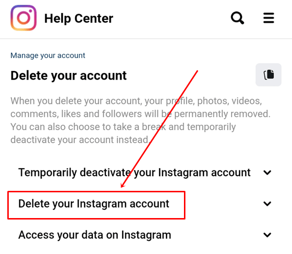 Tap on Delete your Instagram account