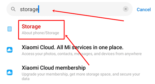 Type Storage in the search section and click on the Storage option