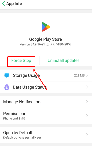 click on Force Stop-google play store app