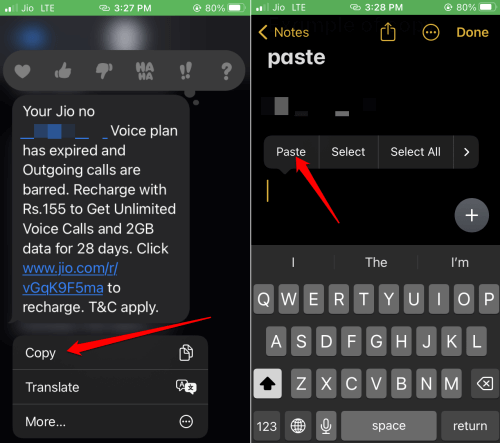 copy and paste message on iPhone