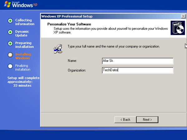 finish the setup of Windows XP