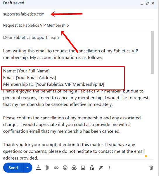 request to cancel fabletics account using mail support