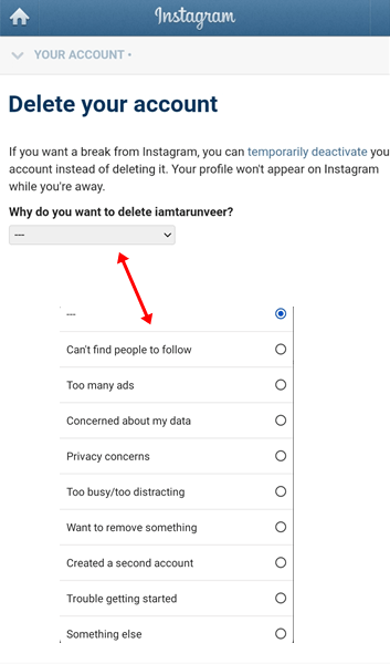 select the reason why you want to delete your Instagram account
