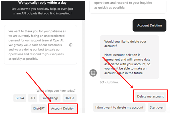 Click on Account Deletion and then select the Delete My Account option