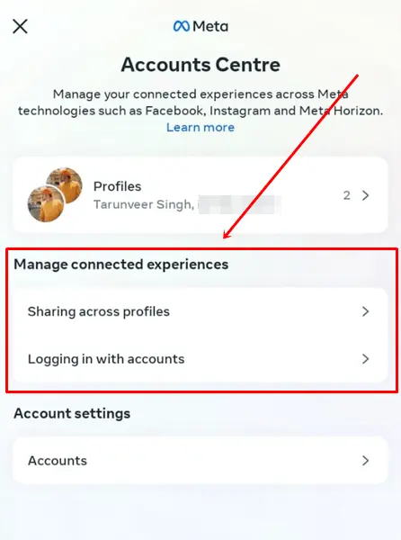 Manage connected experiences option