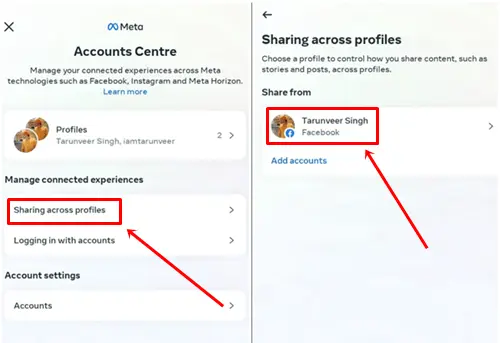Tab on Sharing across profiles then Facebook account