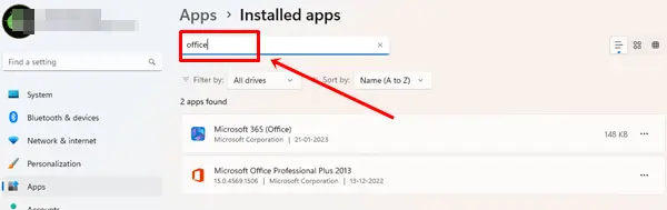 Type Office in the App search bar