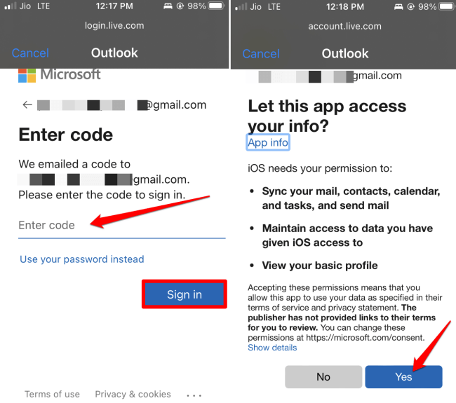 allow-Outlook-permission to sync calendar app on iPhone