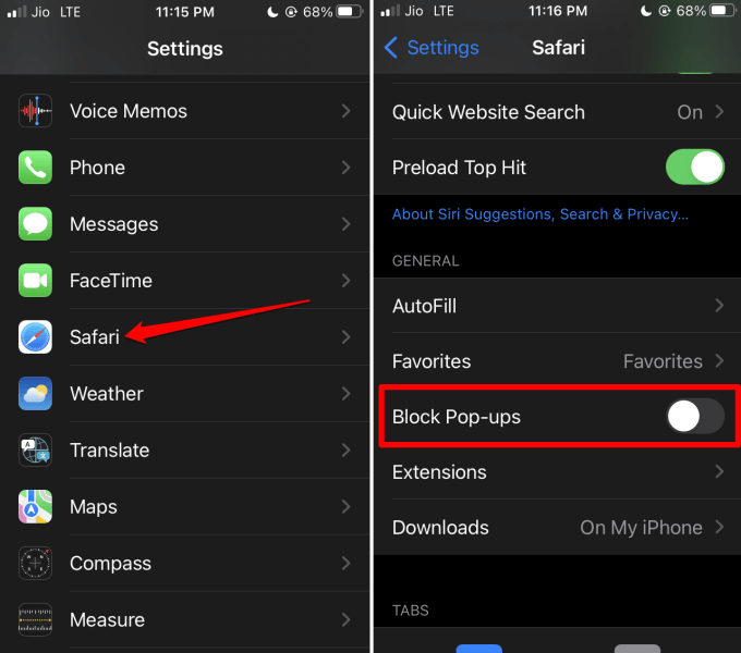 allow pop-ups on iPhone