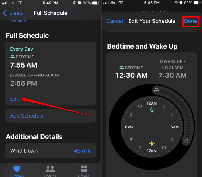 change the sleep schedule on iOS Health app