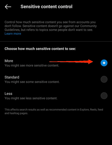 choose More to disable sensitive content filter on Instagram