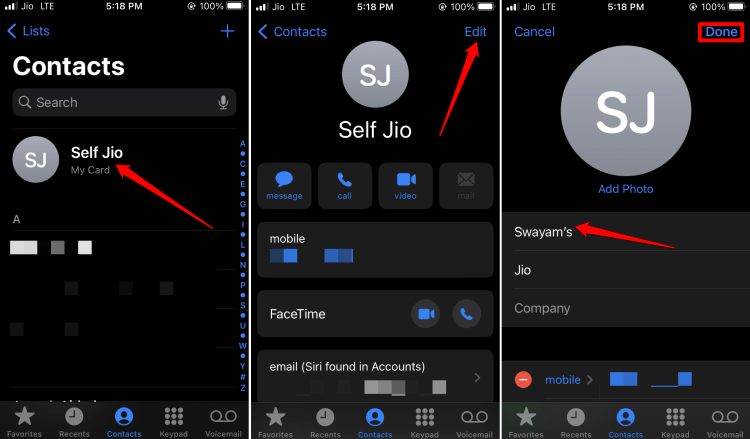 edit Contact card on iPhone