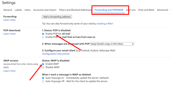 enable POP and IMAP