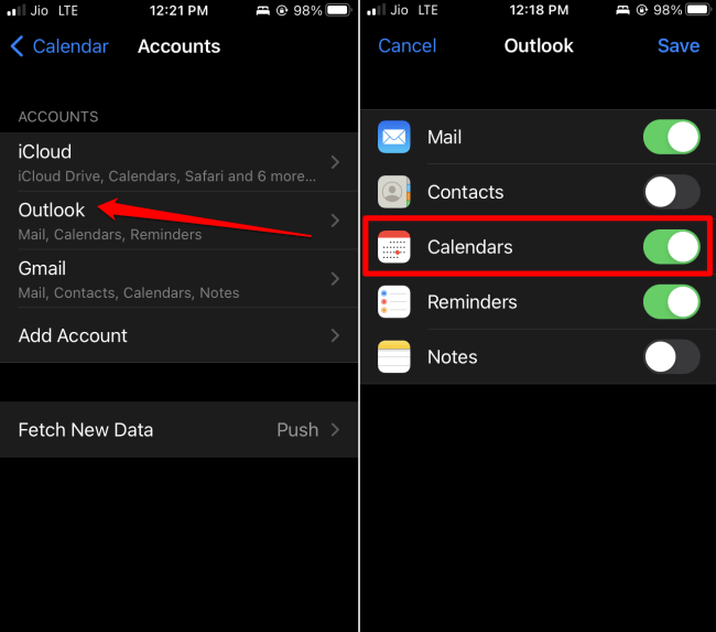 enable calendar sync for Outlook account on iPhone