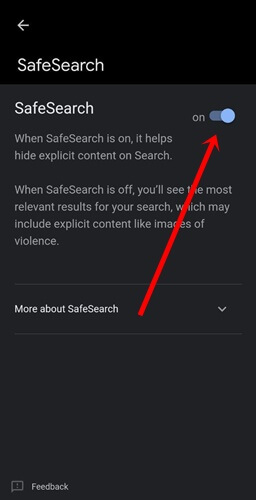 enable the toggle button of SafeSearch