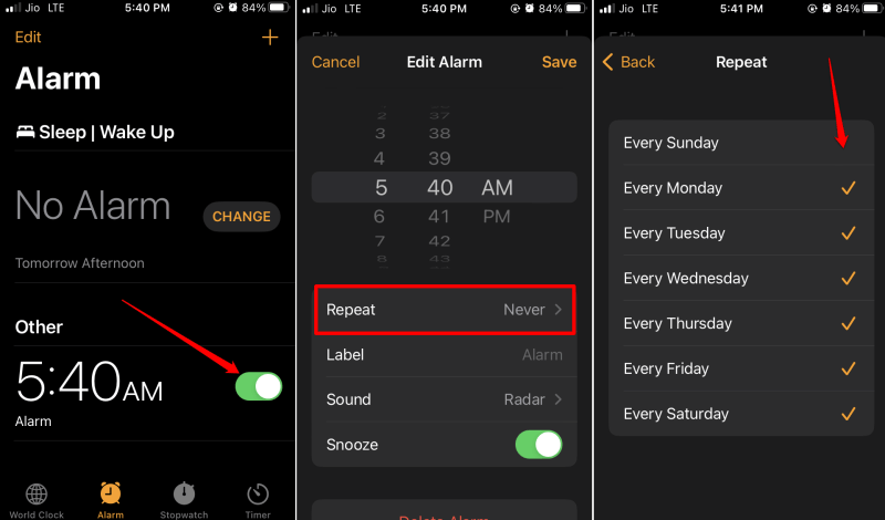 set repeat alarm on iPhone