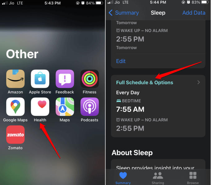 sleep full schedule and options iOS
