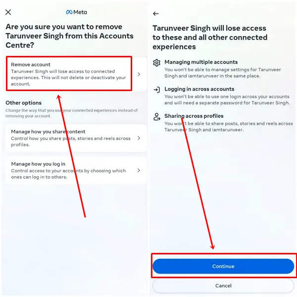 tap on Remove Account and then Continue