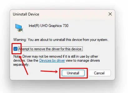 Select Attempt to remove the driver for the device option