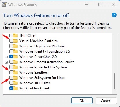 disable Windows Sandbox, Windows Subsystem for Linux