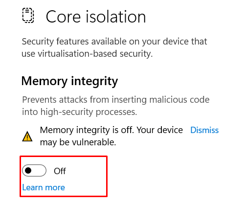 disable the Memory Intergrity