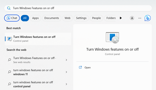 open Turn Windows Features on or off