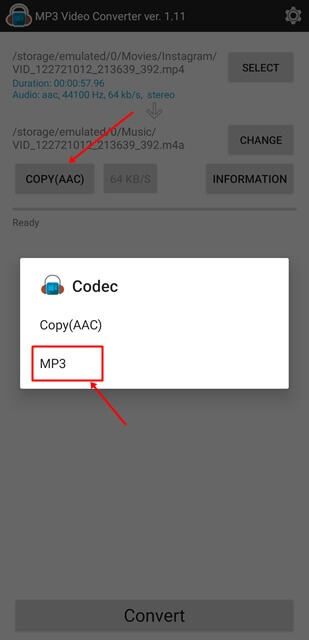 Tap on Copy (AAC) and change this option to MP3