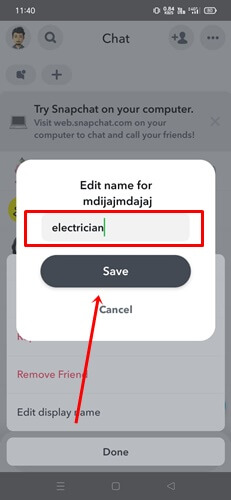 save the edit display name on snapchat