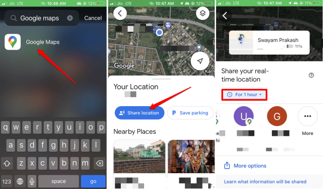 send location on iPhone through Google Maps