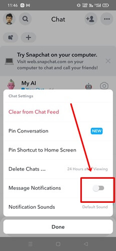 turn off snapchat message notificantion toggle