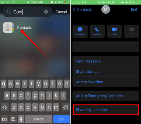 using iOS Contacts app to send location on iPhone
