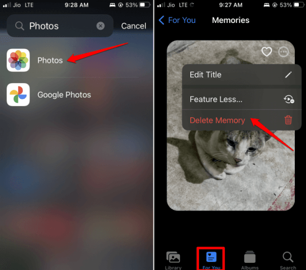 Delete a memory in the photos app iOS