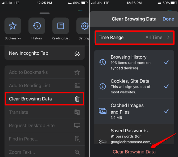 clear browsing data on Chrome browser app for iOS