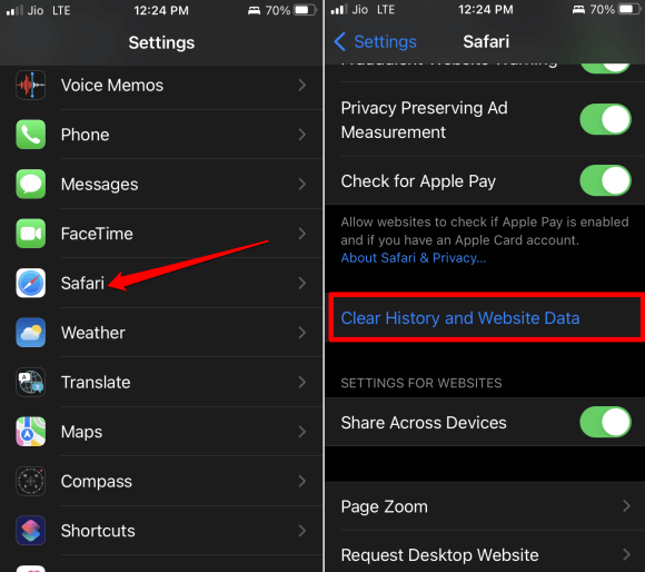 clear browsing data on Safari browser iOS